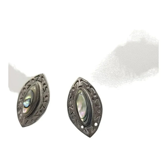 Danny's Taxco Sterling Silver Oval Abstract Screwback Earrings Abalone Inlay - Picture 3 of 4